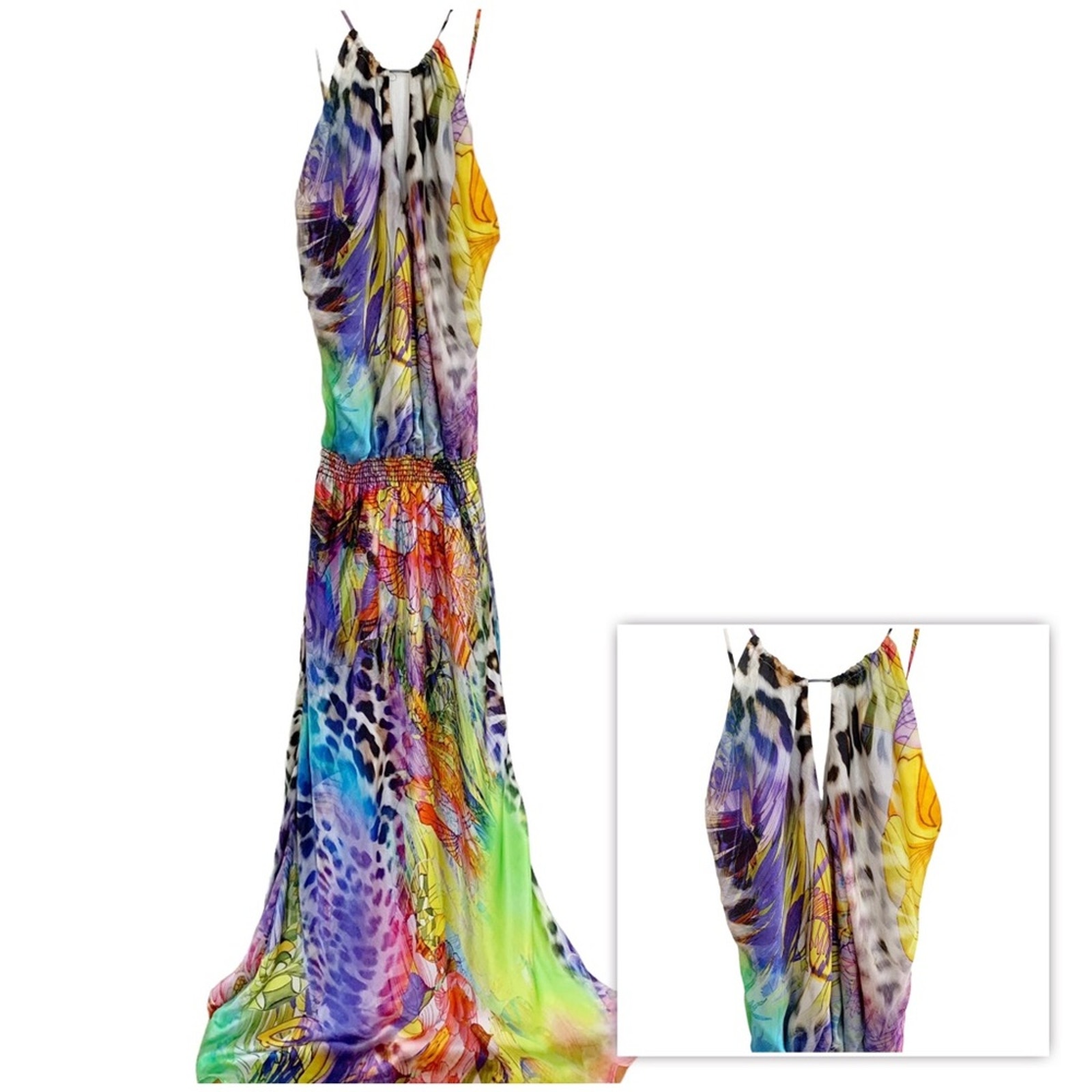 Single By Galina Sobolev Multicolor Watercolor Print Silk Backless Maxi Dress Xs